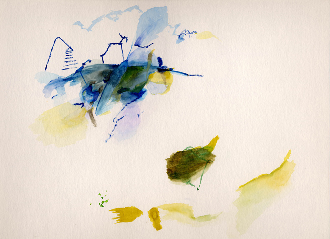 Kirsten K&ouml;tter, Painting Site-specific: 69° N / 27° O (Serie: NordNordOst), Ufer des Utsjoki, Finnland, 01.07.2003, ca. 10.00 -12.00, Aquarell, 30 &times; 40 cm, Text (19/36)