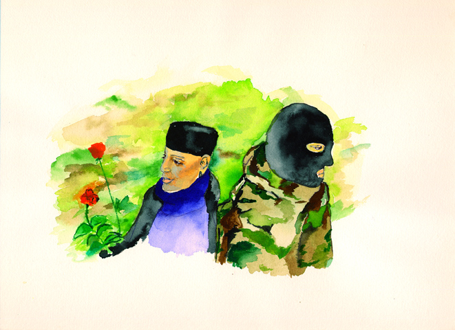 Kirsten K&ouml;tter: Rosenrevolution Georgien nach Zeitungsfoto, 2004, Aquarell, 17 &times; 24 cm