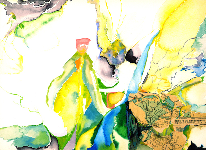 Kirsten K&ouml;tter: Collage mit Karte, 1991, Aquarell, 30 &times; 40 cm