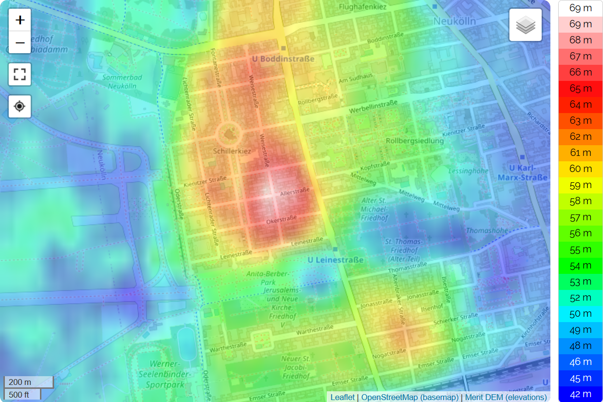 Höhenkarte Berlin-Neukölln (Quelle: topographic-map.com