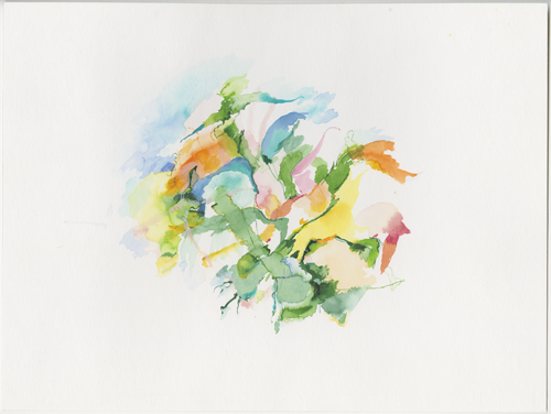 2003-08-25_oberstedten-abends, garden near the wood, the trees with their leaves, the sky in the evening, Taunus by Oberstedten in Oberursel near Frankfurt/Main, watercolour, 30 × 40 cm (Kirsten Kötter)