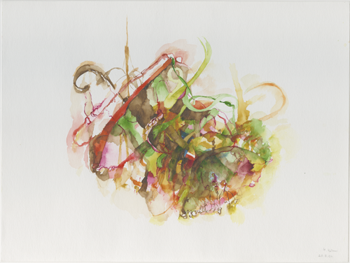 2004-05-04_warschau-kirche, Warschau (Polen), Military ritual in a church with a colourful window,
  watercolour, 30 x 40 cm (Kirsten Kötter)