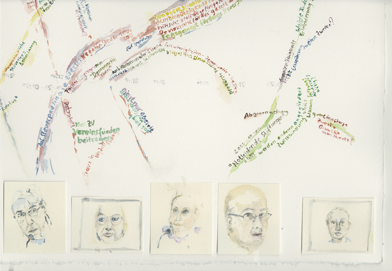 2020-11-23_familienausschuss-buerokratieabbau-ehrenamt, German Bundestag, Committee on Family, Senior Citizens, Women and Youth, 
  water colour, 50 x 65 cm, detail (Kirsten Kötter)